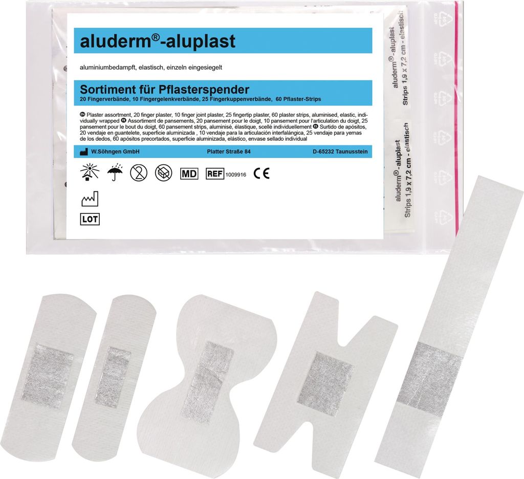 A product shot of a refill set for a plaster dispenser, showing the packaging and several individual plasters.