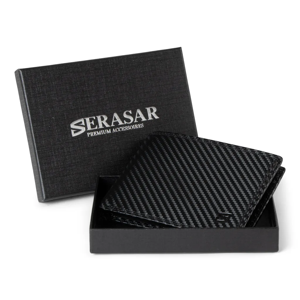 Portafoglio SERASAR Nero in Pelle Carbonio - Accessorio Uomo 13cm - 2