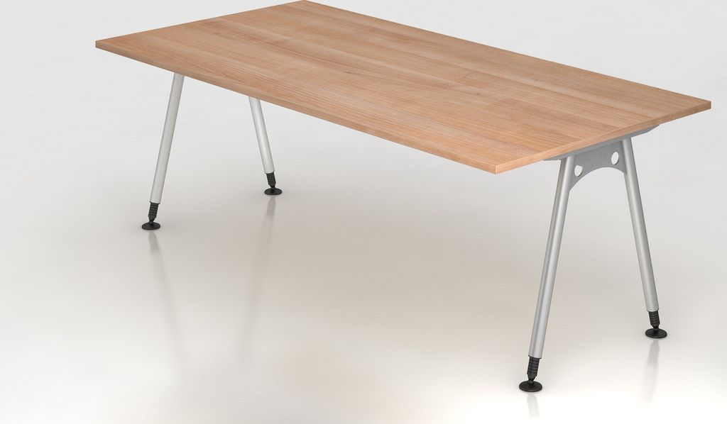 Schreibtisch Keijo | Nussbaum | BxT 200x100cm | Höhe 68-76cm | stufenlos höhenverstellbar | A-förmiges Rundrohrgestell Silber | Rechteckform