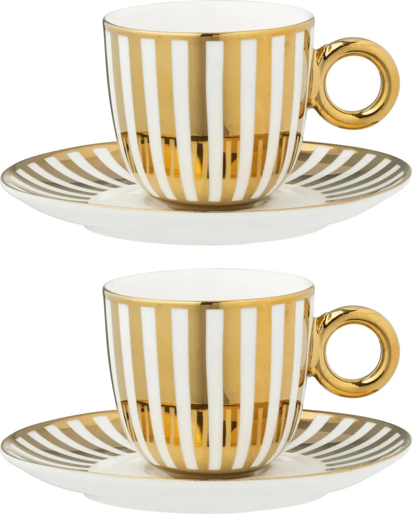 Coffret J-Line 2 Tasses et Soucoupes Rayées Porcelaine Or et Blanc Luxe