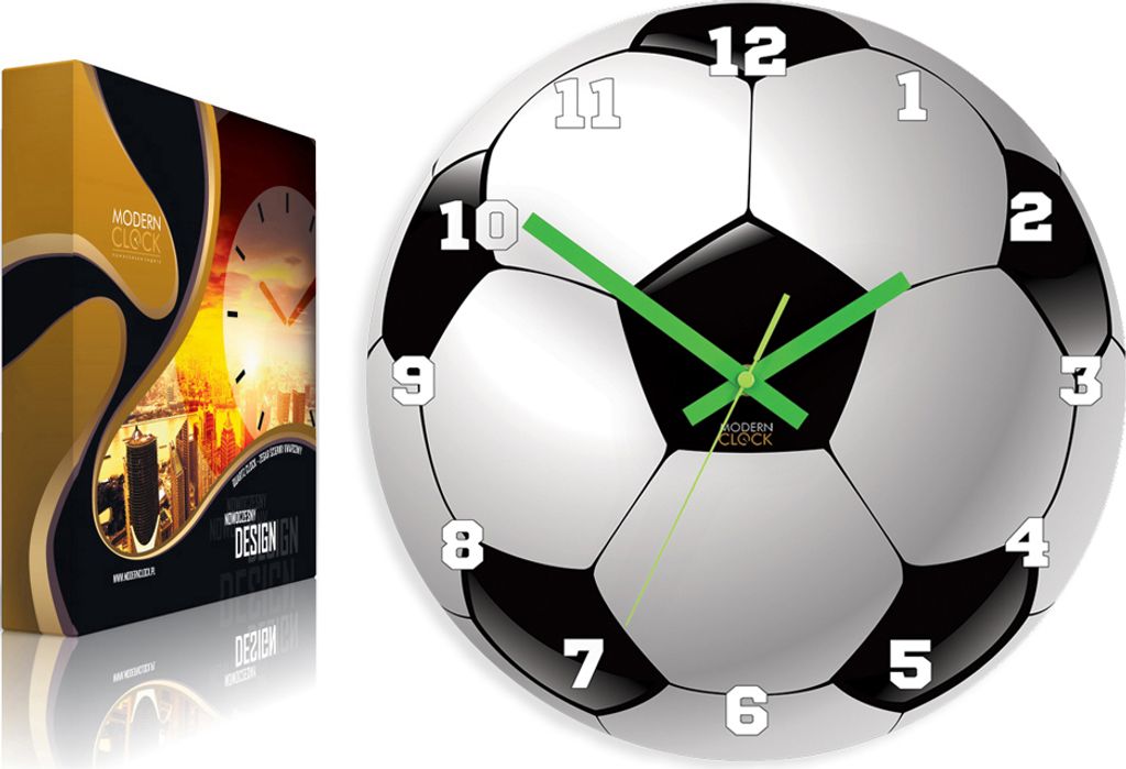 A product shot of a soccer ball clock and its packaging.