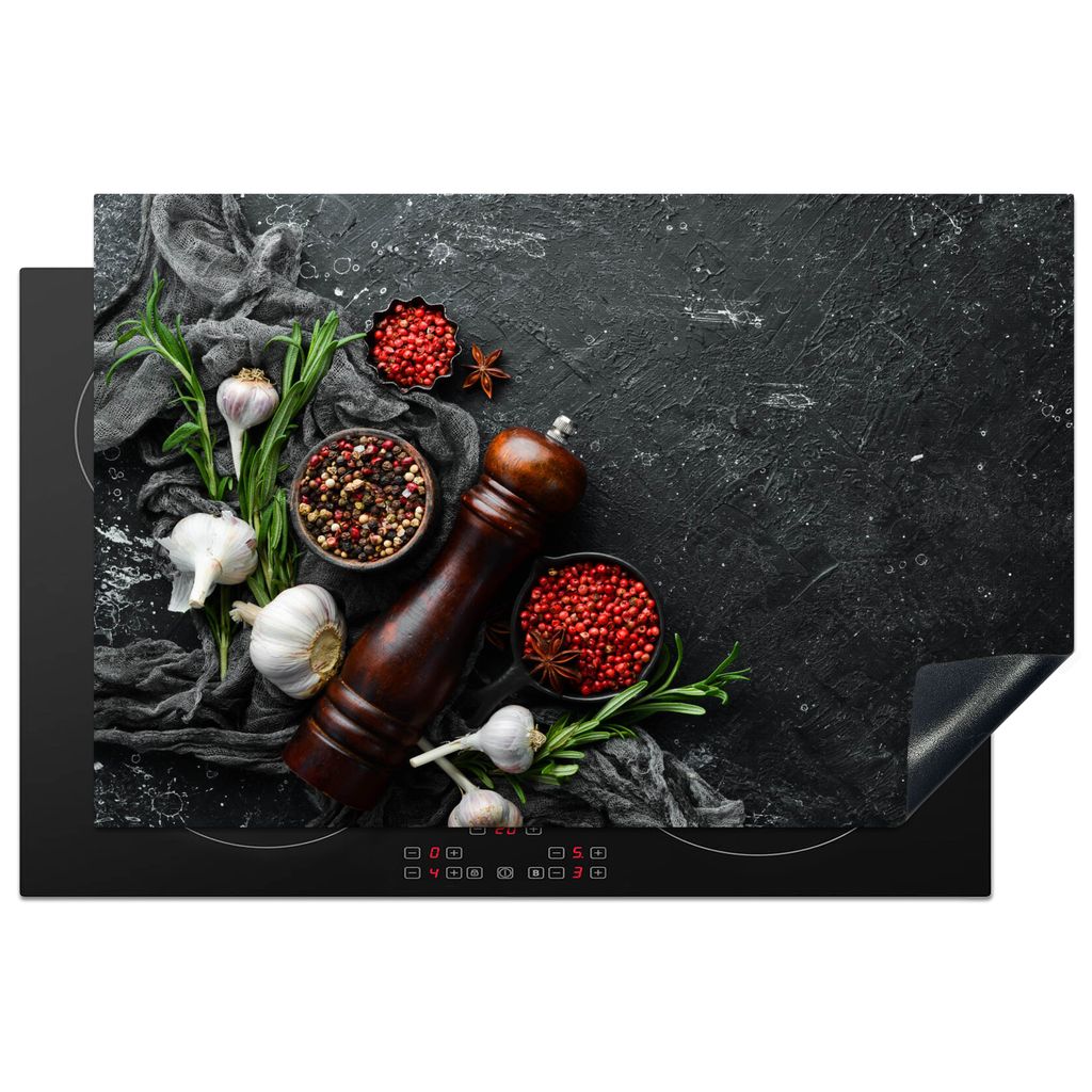KitchenYeah Herdabdeckplatte Kräuter - Paprika - Knoblauch - Beton , 80x52cm, Küche Deko, Glaskeramikkochfeld Herdabdeckung, Abdeckplatte fùr ...