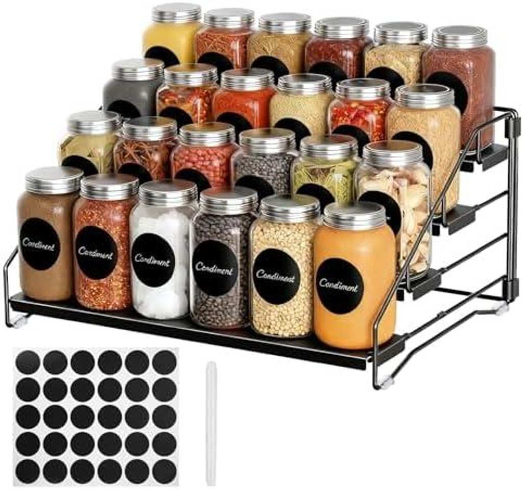 4-ebliger Gewürzregal-Ständer, Höhenverstellbar ohne Bohren, Metall Spice Rack für Küche & Schrank, mit Etiketten und Stift