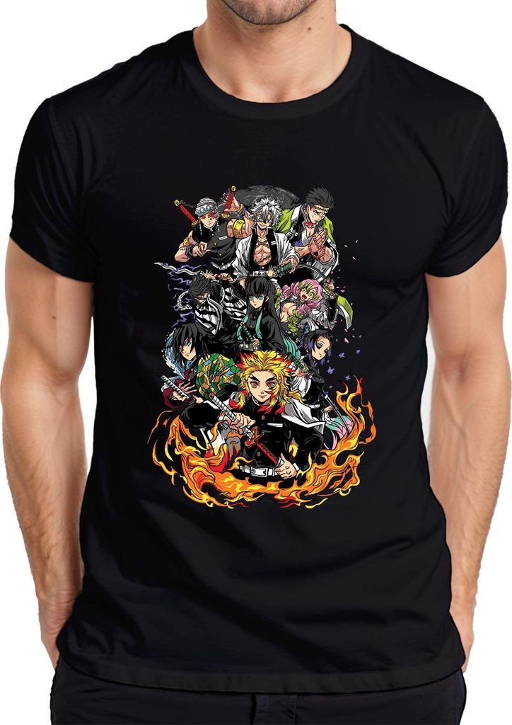 Demon Slayer Rengoku Tanjiro Nezuko Gruppe Feuer Anime Vintage Herren T-Shirt, Schwarz, L