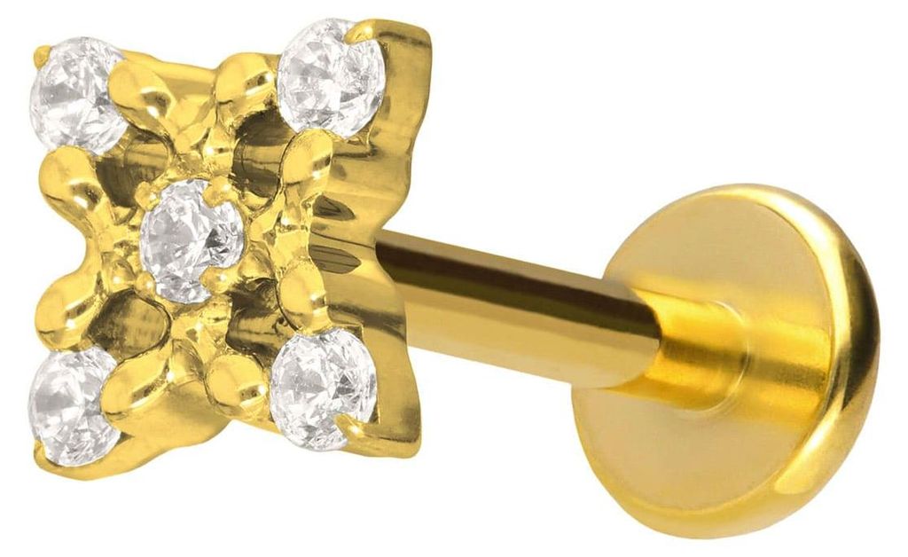 Ohrpiercing, Nasenpiercing Titan Labret mit Push Fit KRISTALLBLUME Gold Stablänge: 10mm | Stabstärke: 1,2mm