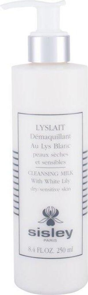 A white bottle of Sisley LYSLAIT Cleansing Milk with a pump dispenser, set against a white background.