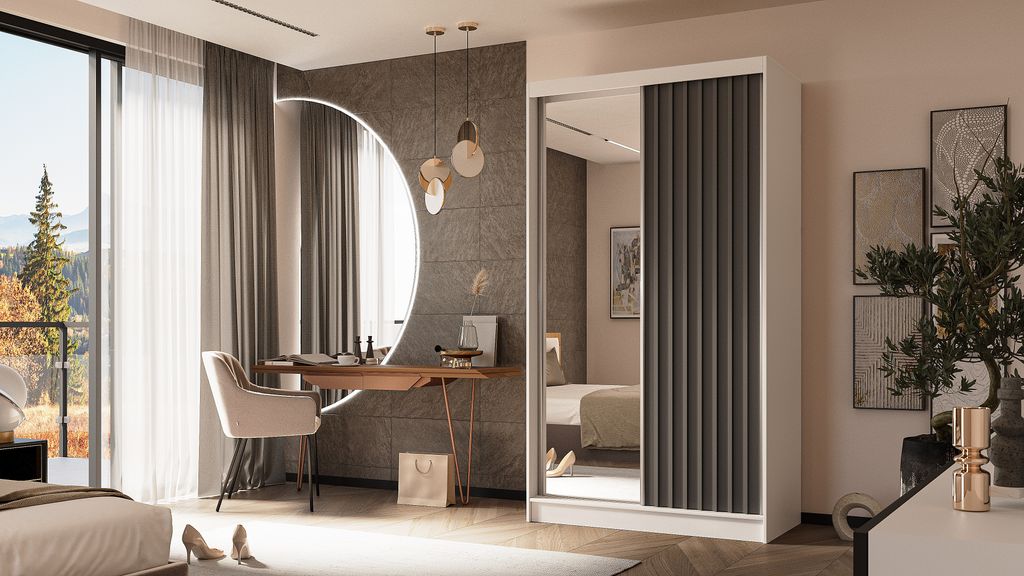 ALTDECOR Kleiderschrank mit Spiegel und Schiebetüren, kugelgelagerte Führungsschienen und Aluminium-Leisten, LED-Beleuchtung (weiß + 16 Farben) ...
