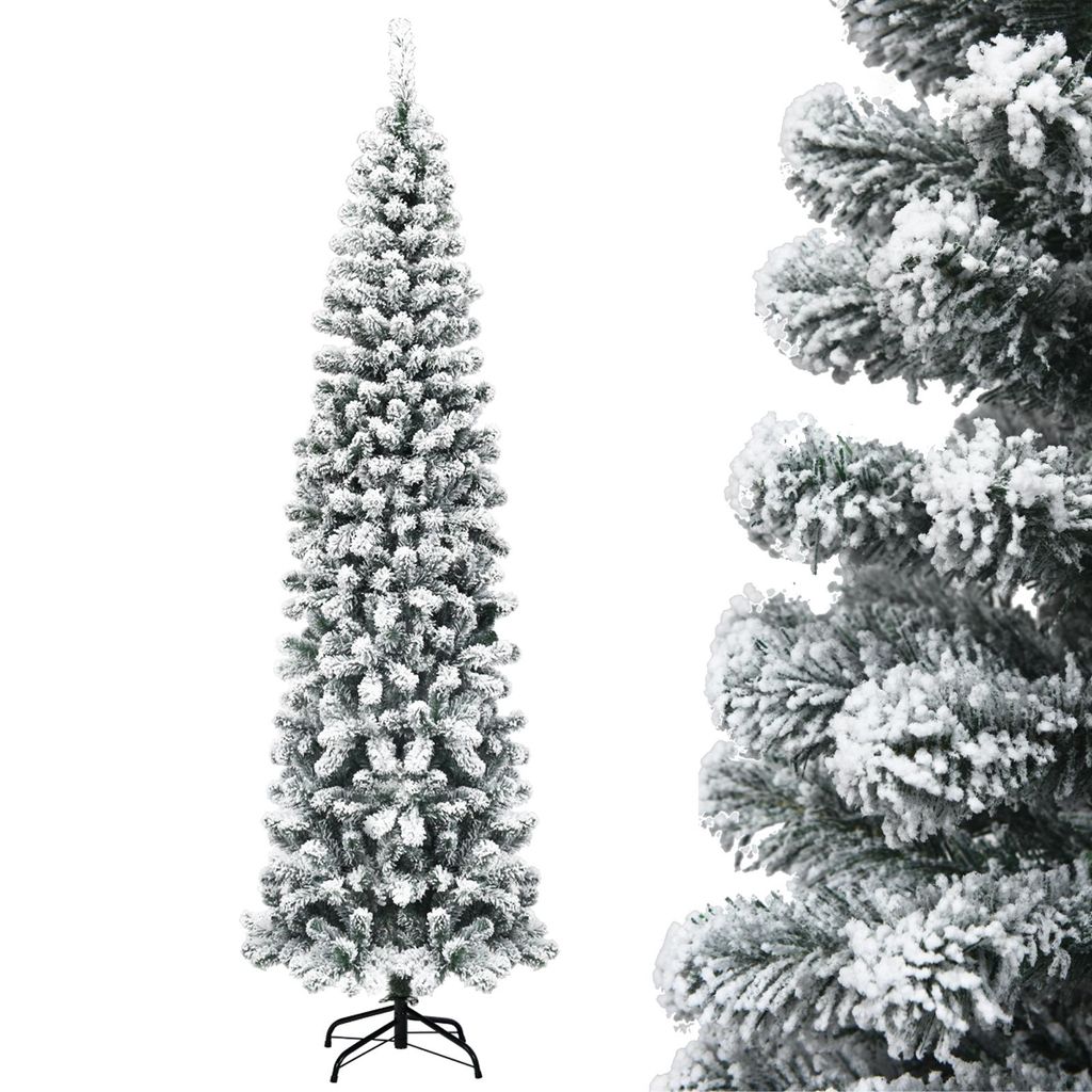 A full shot of a tall, slender artificial Christmas tree covered in artificial snow, standing on a black metal stand. The tree is shown against a plain white background.