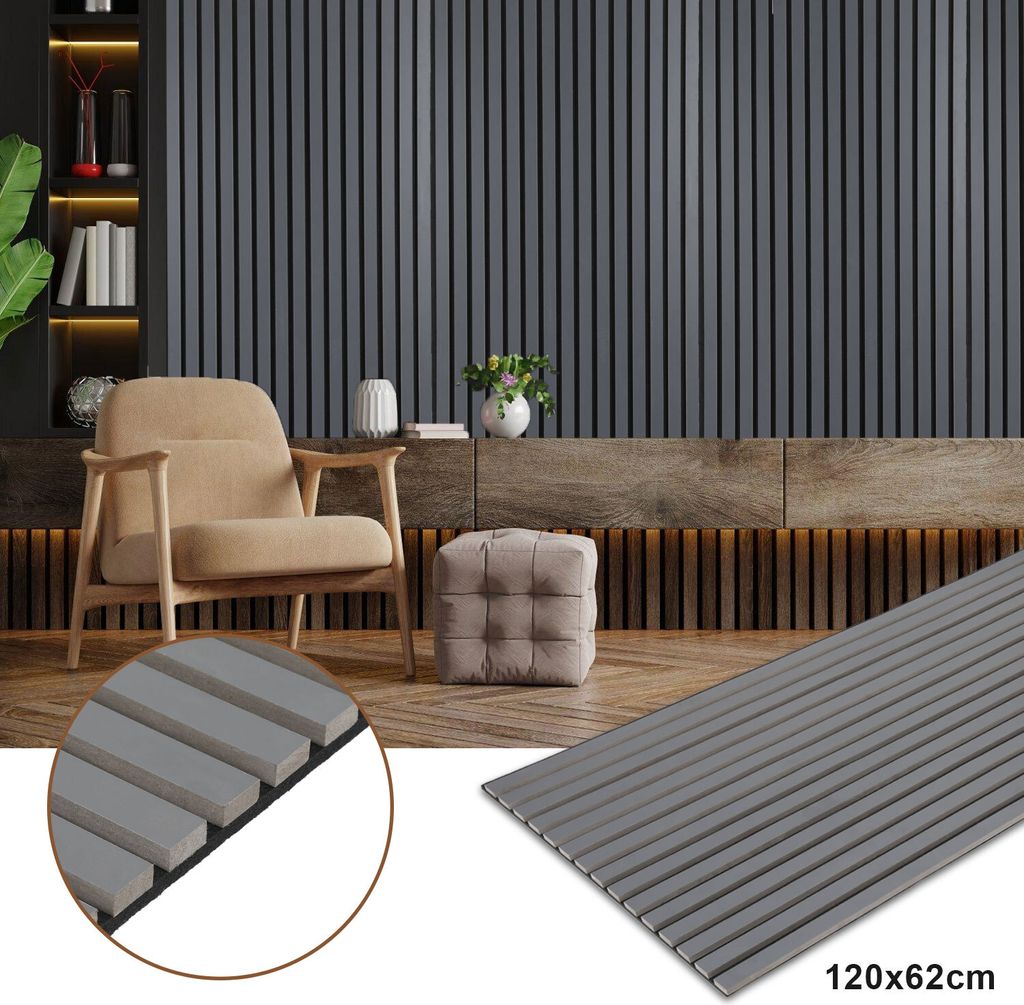 Jayseuw 1 Stück Akustikpaneel Wandpaneel Moderne Wandpaneele Akustik HolzwandHolz MDF Wandpaneele 120x60x2.1cm Grau