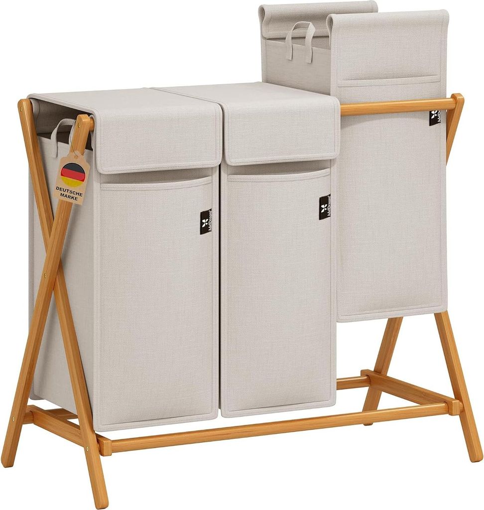 Wäschekorb 2 Fächer 100 l für schmutzige Wäsche Sortierer Holz Wäschekorb mit Deckel X-förmige Bambusregale (150 l hellgrau)