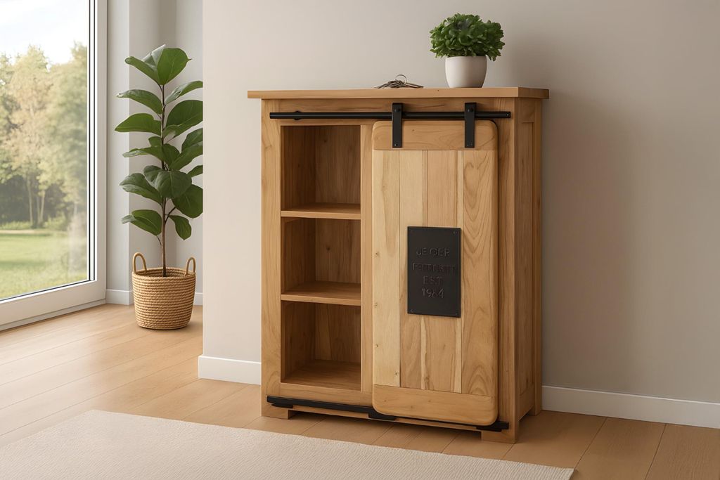 Sideboard Libro IV, Akazienholz massiv + naturfarben, Kommode mit Holzschiebetür, 2 Schubladen & 4 offenen Fächern, Griffe, Türelemente & Reling...