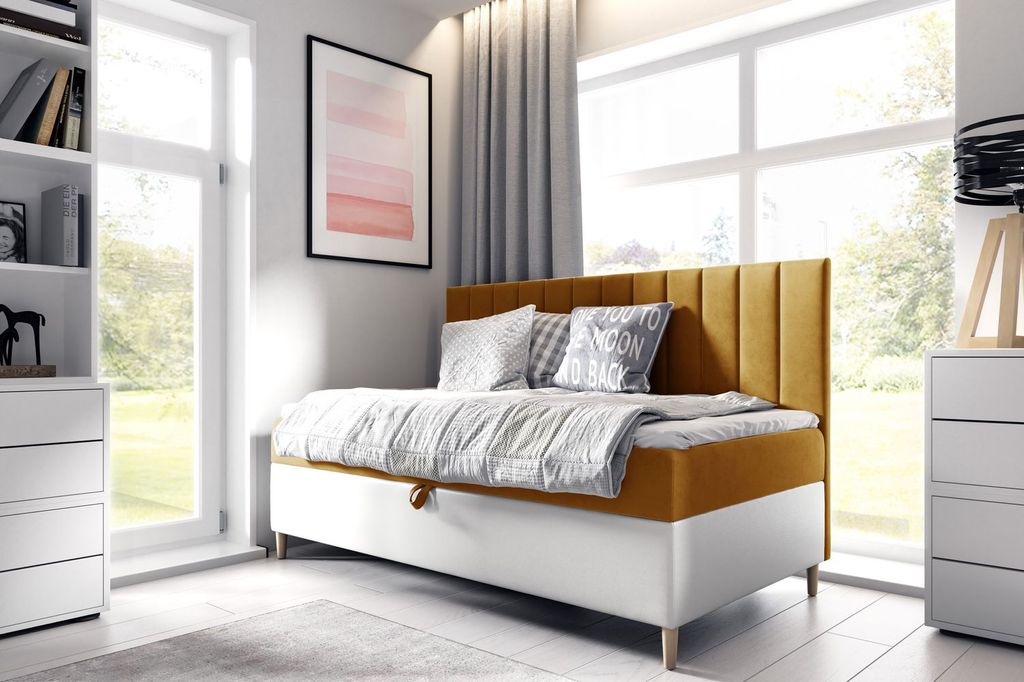 Kontinentales Bett 90x200 MIREN 2 - Senfgelb/Weiß, Öffnung links + GRATIS Matratzenauflage