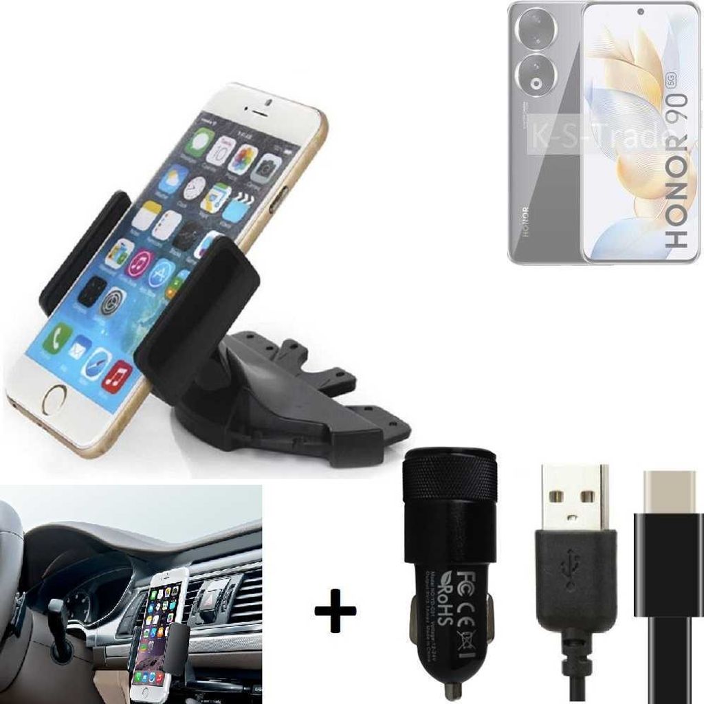 K-S-Trade CD Schlitz Handy-Halterung kompatibel mit Honor 90 Autohalterung KFZ-Halter Radio Handy Halterung 360° drehbar CD-Schacht inkl. USB-C