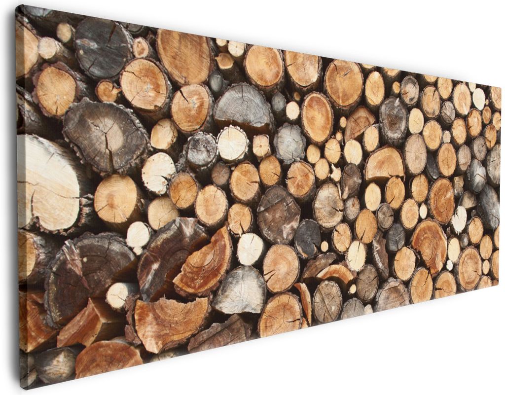 Wallario Premium Leinwandbild Dunkler Holzstapel rund in Produktbild 