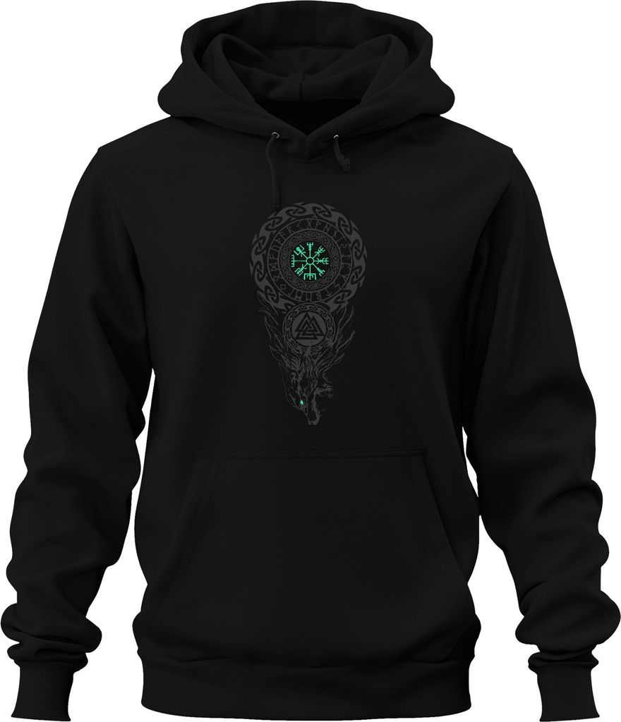 Vegvisir Wikinger Kompass nordisch Runenkreis Valknut Fenris Wolf Uni Hoodie Kapuzenpullover, Schwarz, XL