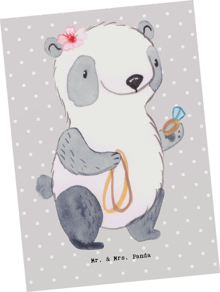 Mr. & Mrs. Panda Grußkarte Juwelierin Herz - Grau Pastell - Geschenk, Ansichtskarten, Goldschmuck, Shopping, Fotokarte, Schmuckgeschäft, Postkart...