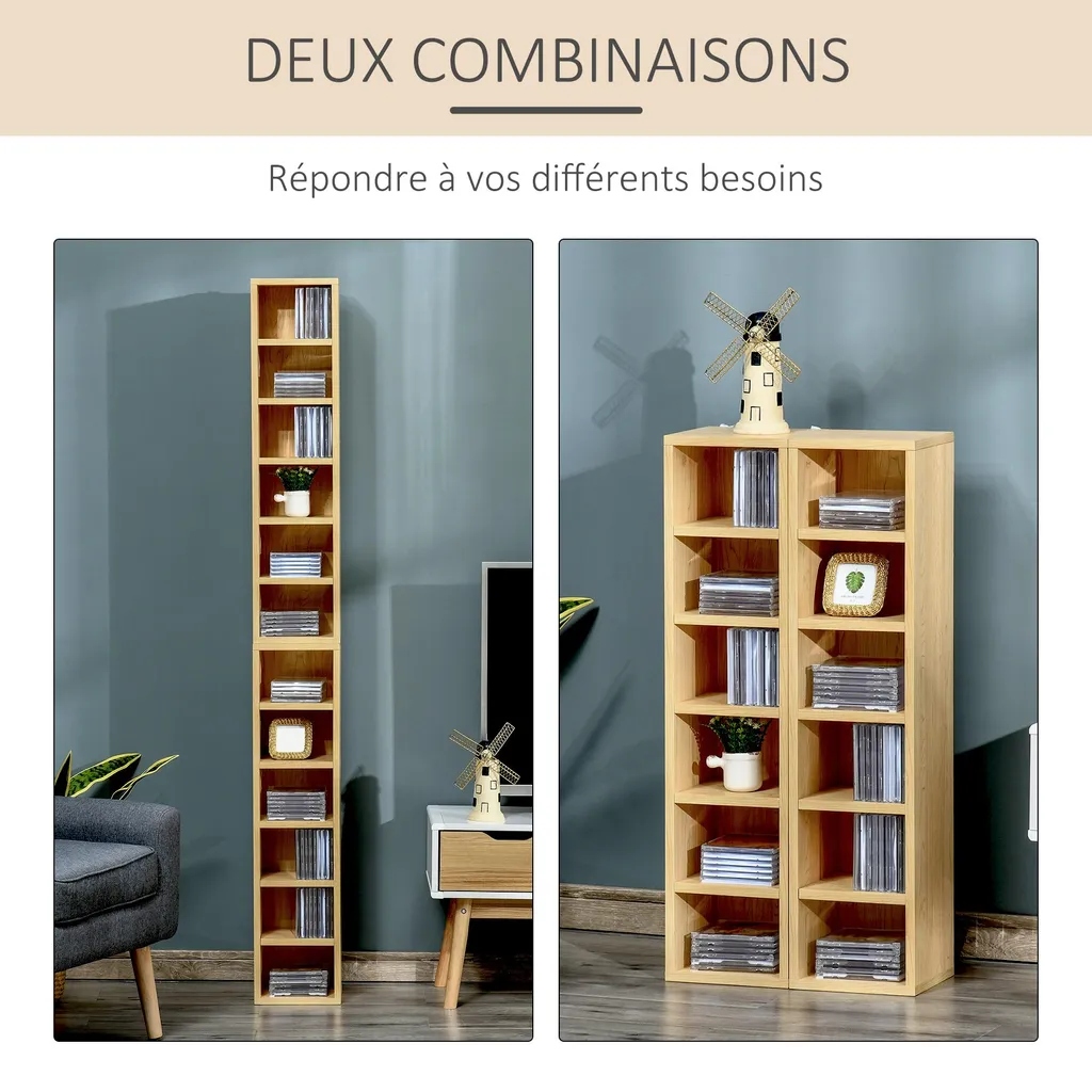Étagère colonne CD DVD hêtre 12 compartiments - Capacité 160 CD compacte - 7