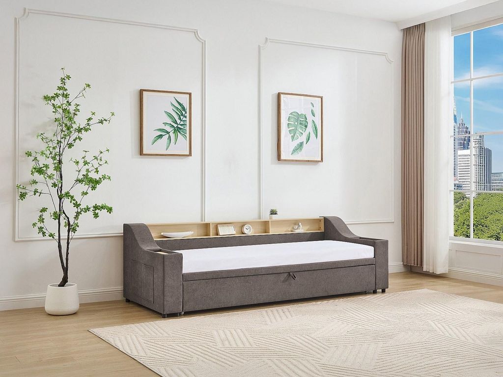 Ausziehbett - 2 x 80 x 200 cm - mit Stauraum & USB-Anschluss - Stoff - Taupe - ORAVAYA