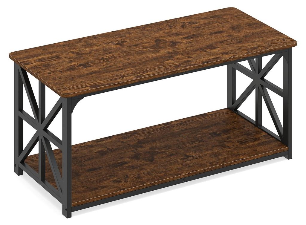 Industrieller Landhaus-Couchtisch mit offenem Regal, rustikales Braun