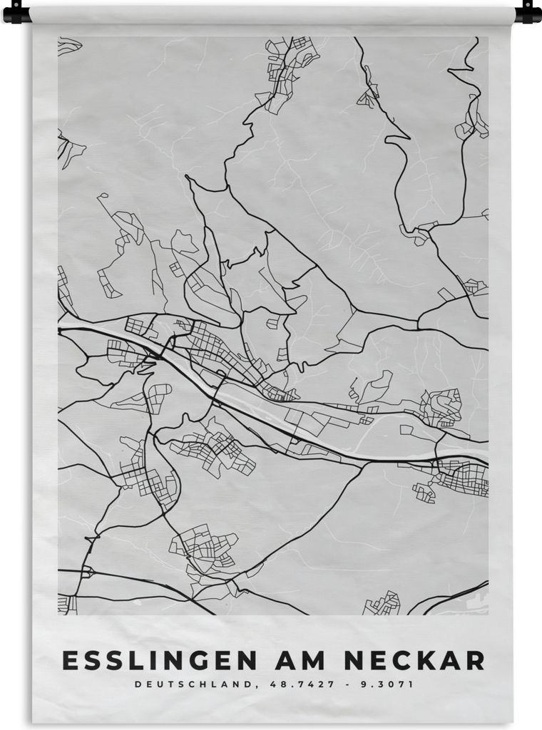 MuchoWow Wandteppich Wandbehang Esslingen Am Heckar- Karte - Stadtplan - Deutschland 120x180 cm Tapisserie Dekoration Wandtuch - Schlafzimmer - D...
