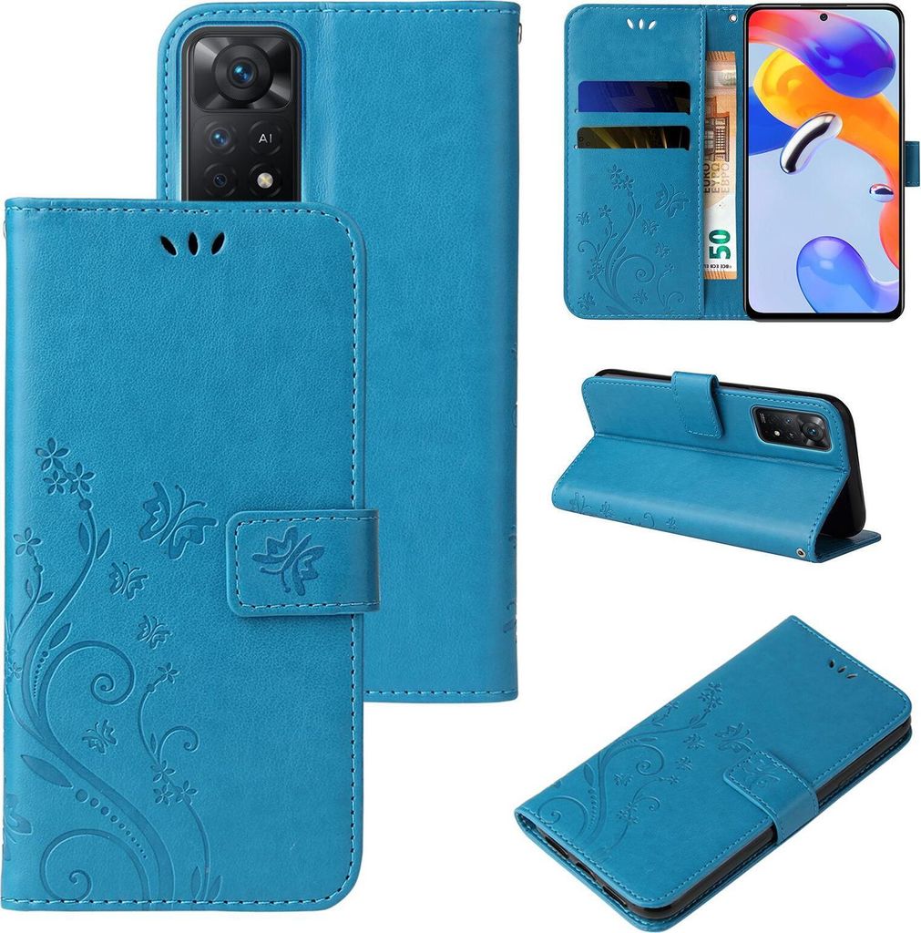 Collage of images showing a blue floral and butterfly patterned flip phone case for a Xiaomi Redmi Note 11 Pro.