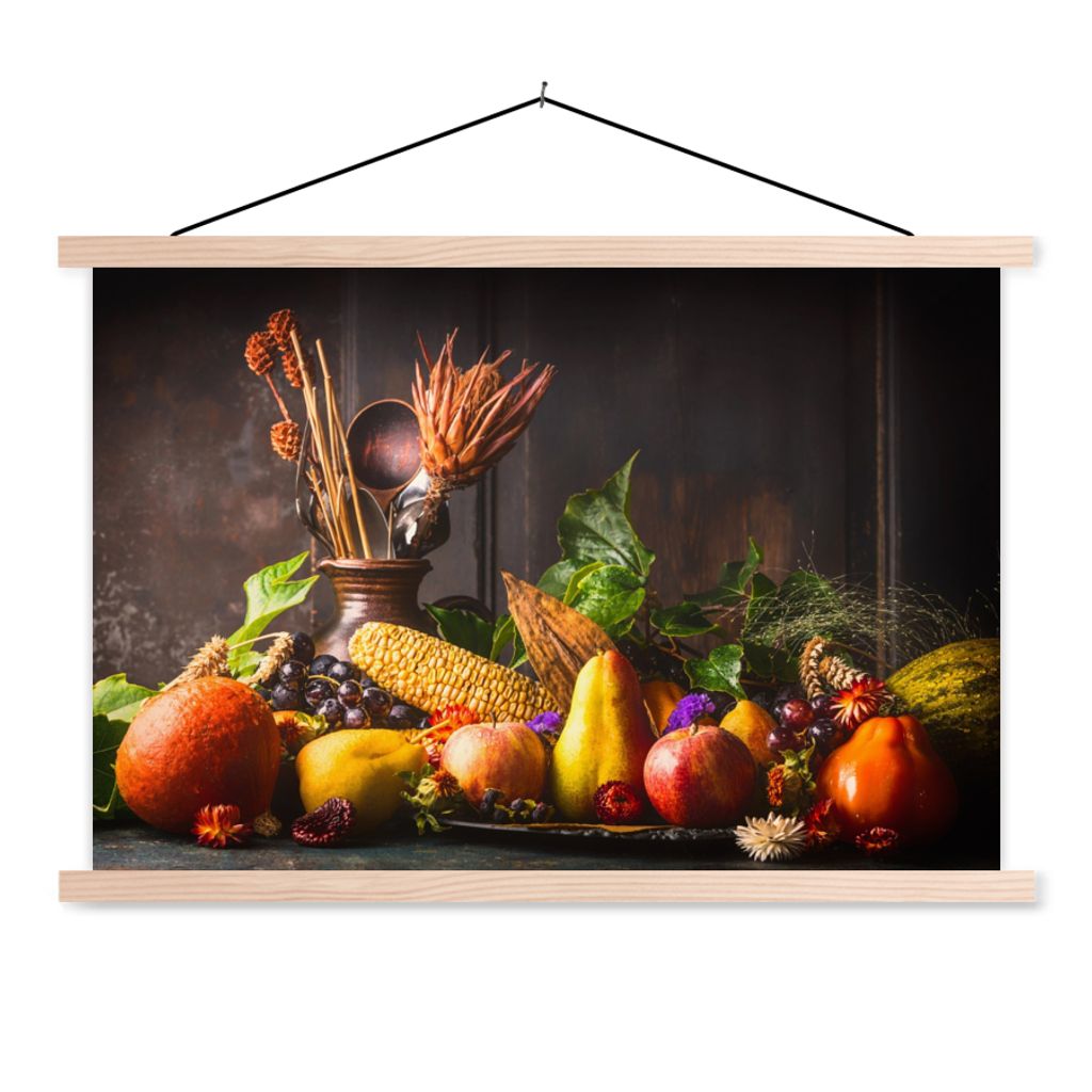 MuchoWow Textilposter Gemüse - Obst - Rustikal - Tisch 120x80 cm mit holzfarbenen Rahmen - Aufhängeset