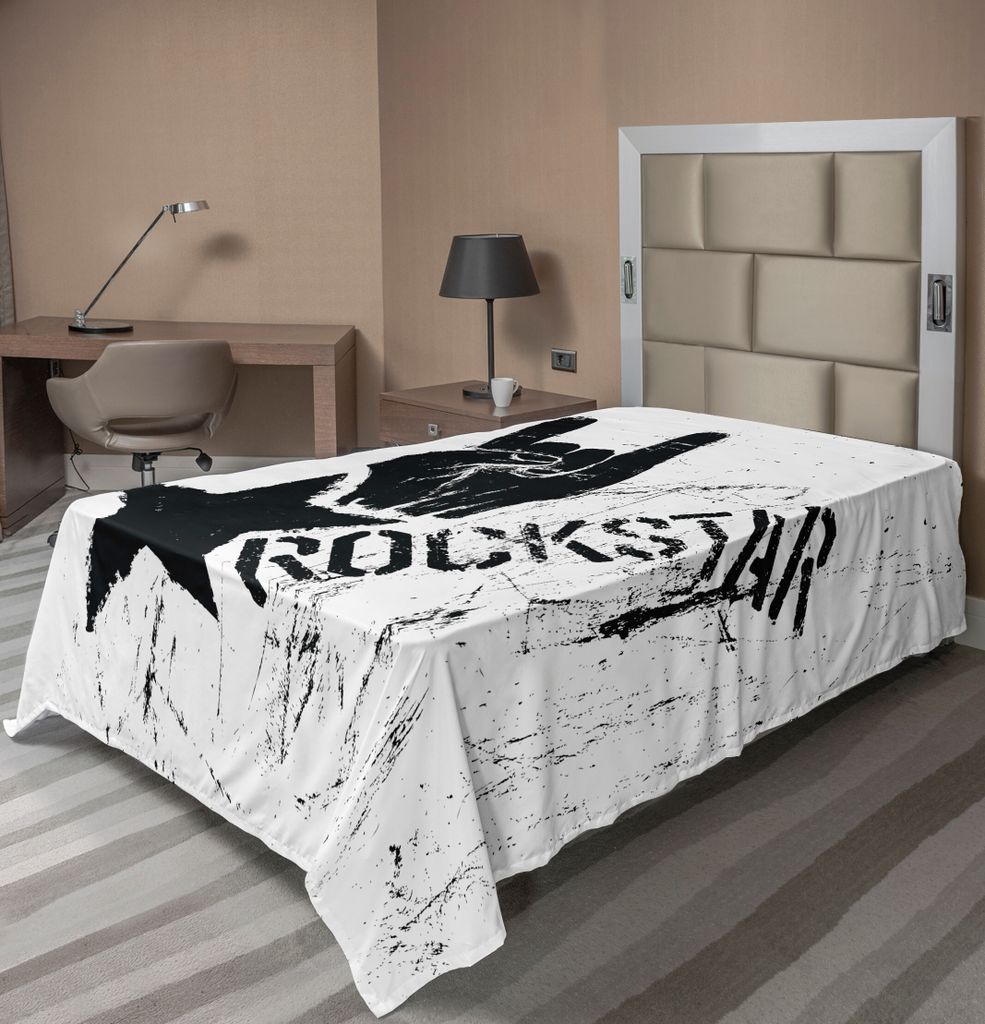ABAKUHAUS Felsen Bettlaken, Grunge-Effekt Einfarbige Illustration von Rockstar Handzeichen und Sterne, weiches bequemes oberes Bettlaken für ein d...