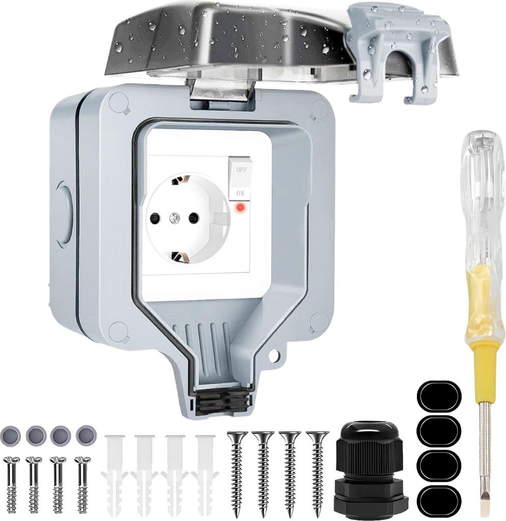 Outdoor Steckdose wasserdichte IP66 Outdoor Steckdose mit Schaltanzeige, 1-Wege-Wandstecker Feuchtig Raum Oberflächenmontage Schutzkontakt Garten ...