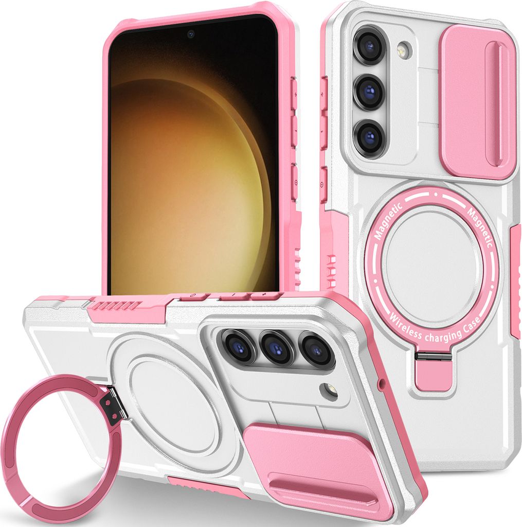 Handyhülle für Samsung Galaxy S23+ Kompatibel mit MagSafe, Robuste Hülle mit Schiebe Kamera Schutz, Magnetischer Ringständer Weiß Pink