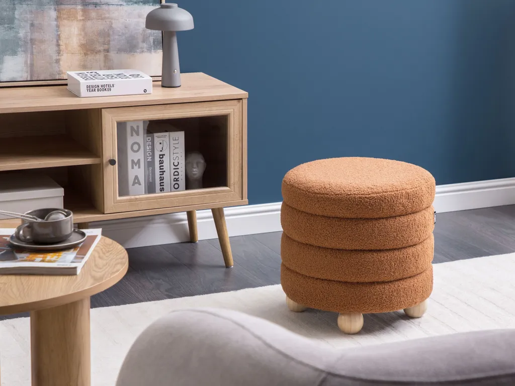 Petit Tabouret Gain de Place Bouclette Brun Doré pour Salon Moderne