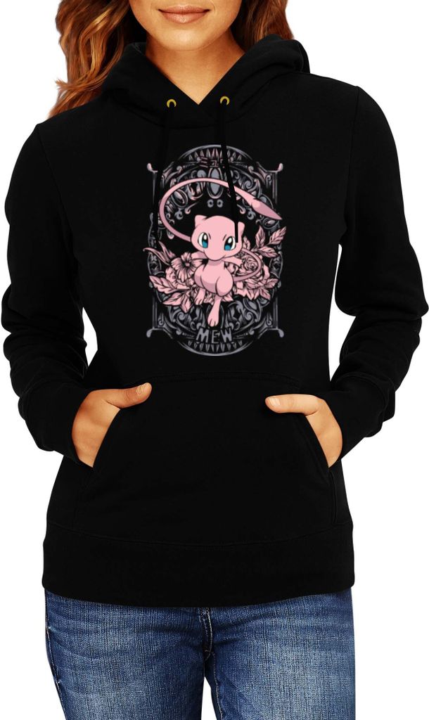 Damen Kapuzenpullover Japan Anime Manga Pokemon Mew, Lady 2XL / Schwarz