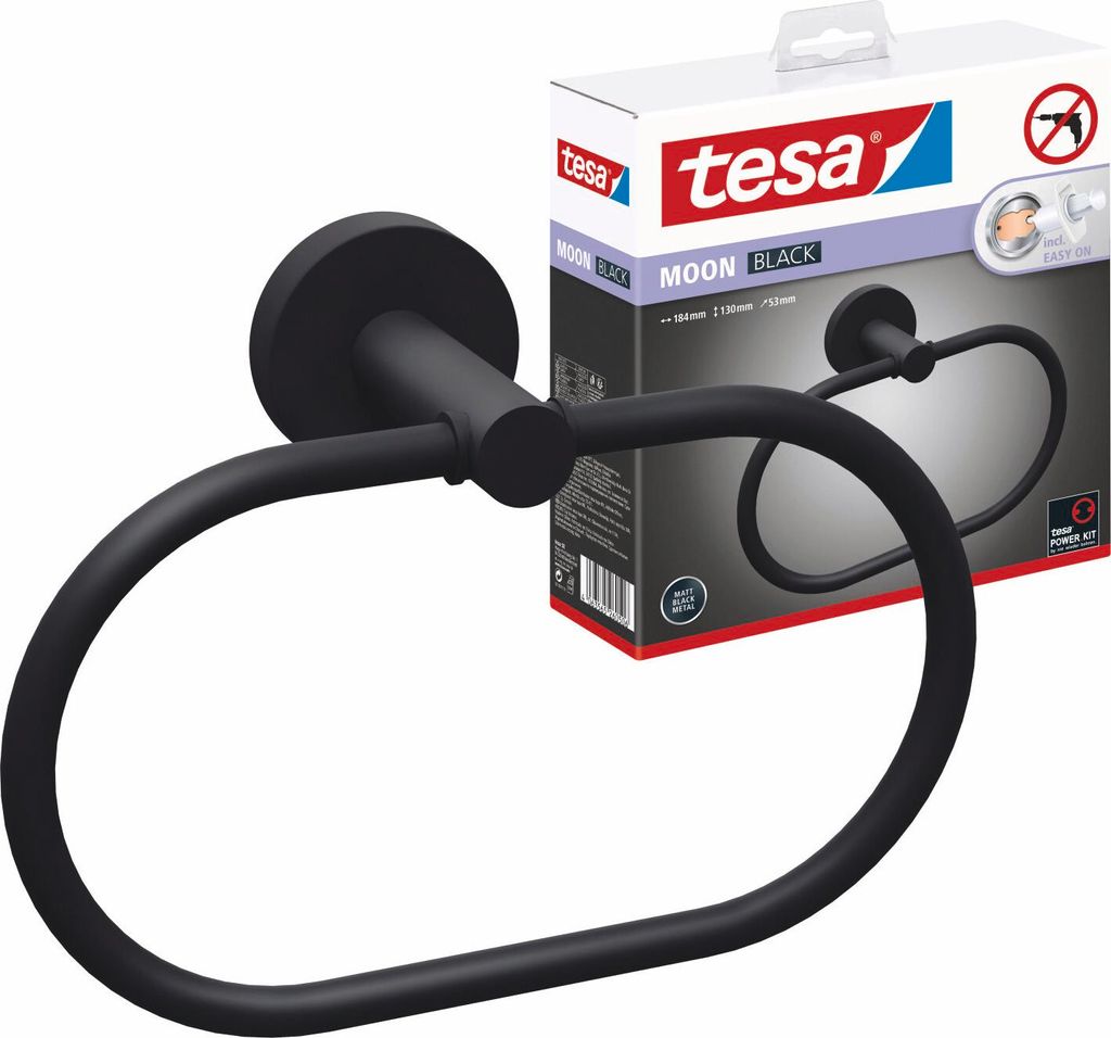 tesa MOON BLACK Handtuchring, matt schwarz, wandmontierbar, Produktbild 