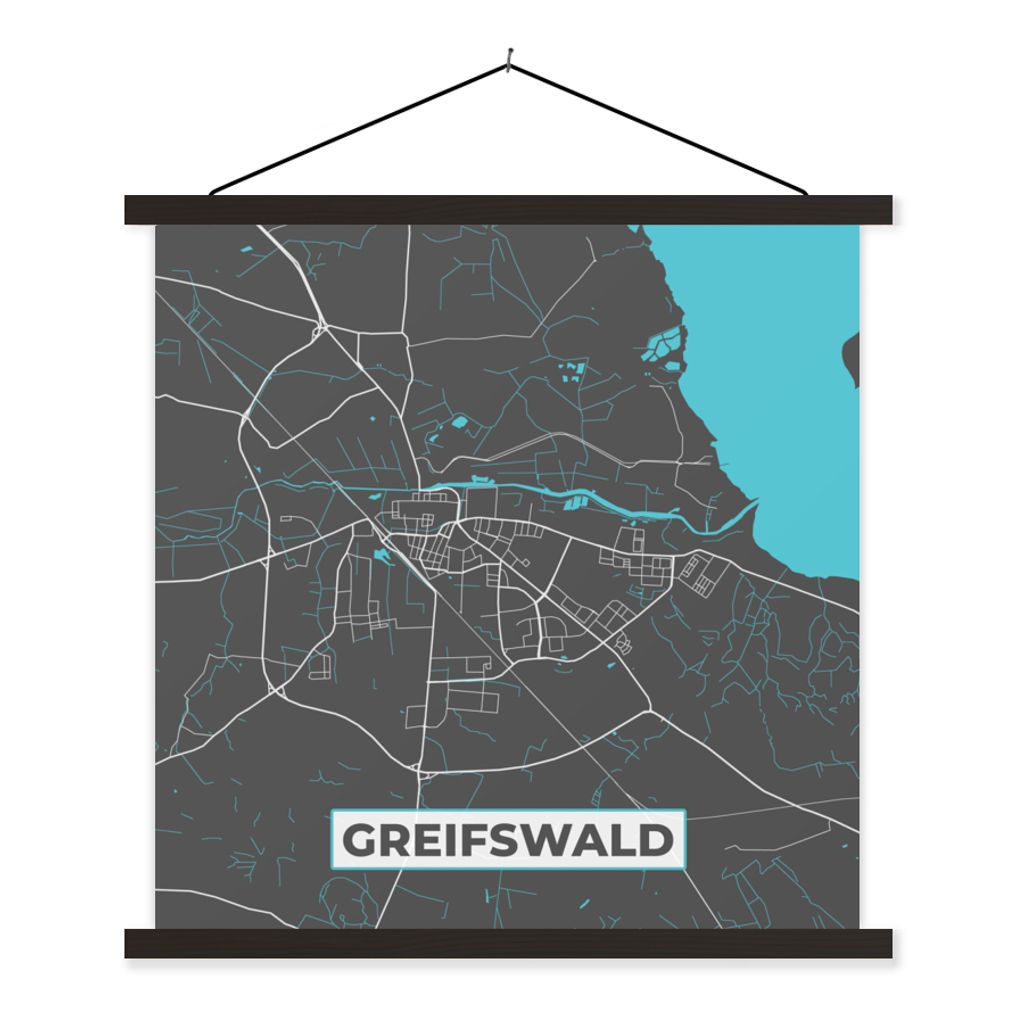 MuchoWow Textilposter Deutschland - Blau - Greifswald - Stadtplan - Karte 40x40 cm mit schwarzem Rahmen - Fotos