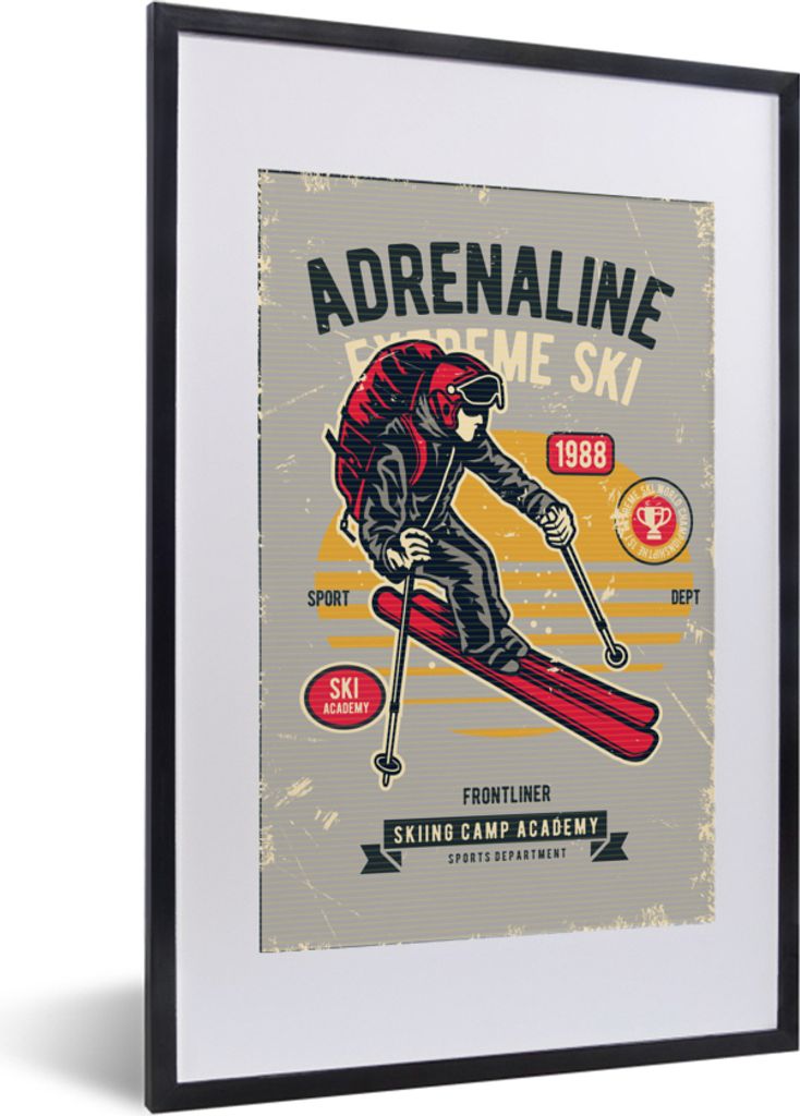 MuchoWow MuchoWow Gerahmtes Poster Ski - Sport - Vintage - Grau 40x60 cm - Poster mit zchwarzem Bilderrahmen - Poster in Rahmen