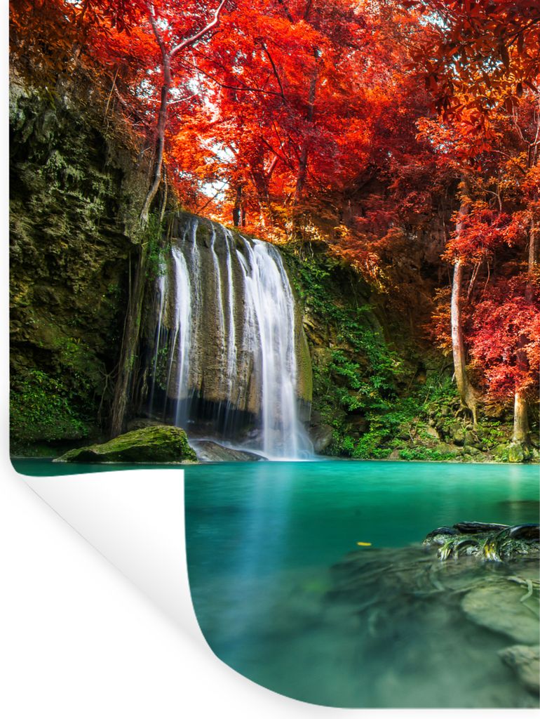 MuchoWow Wandtattoo Wandsticker Wandaufkleber Wasserfall - Baum - Rot - Herbst - Wasser 120x160 cm Selbstklebend und Repositionierbar - Wierderve...