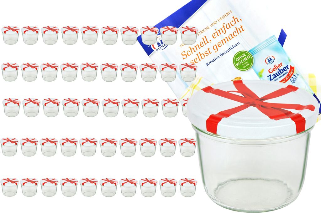 50er Set Sturzglas 230 ml To 82 Schleifendekor Deckel incl. Diamant Gelierzauber Rezeptheft