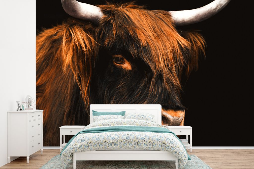 MuchoWow Fototapete für Wohnzimmer oder Schlafzimmer Wandtapete Vinyl Motivtapete Schottischer Highlander - Schwarz - Kuh - Horn - Tiere - 450x3...