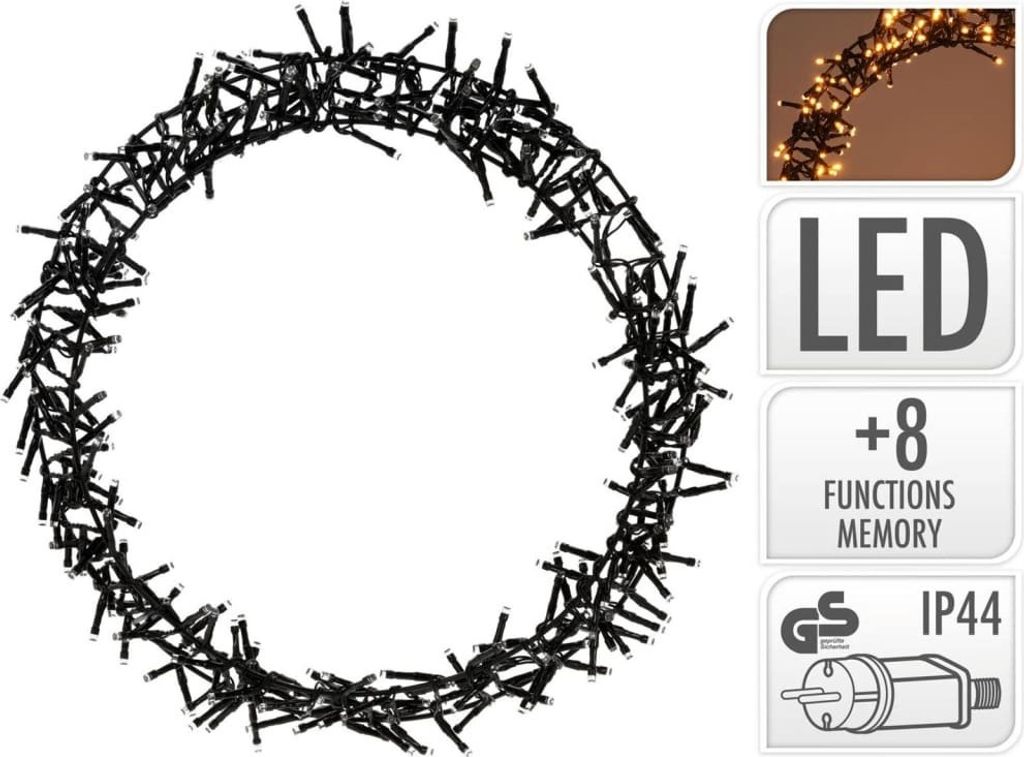 A circular string of lights on a white background, with informational graphics on the right.