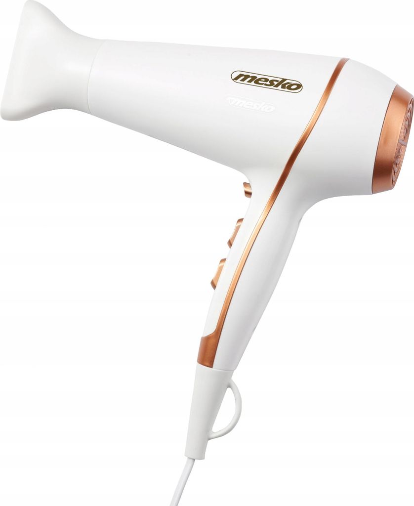 A white Mesko hair dryer with rose gold accents is shown against a white background.