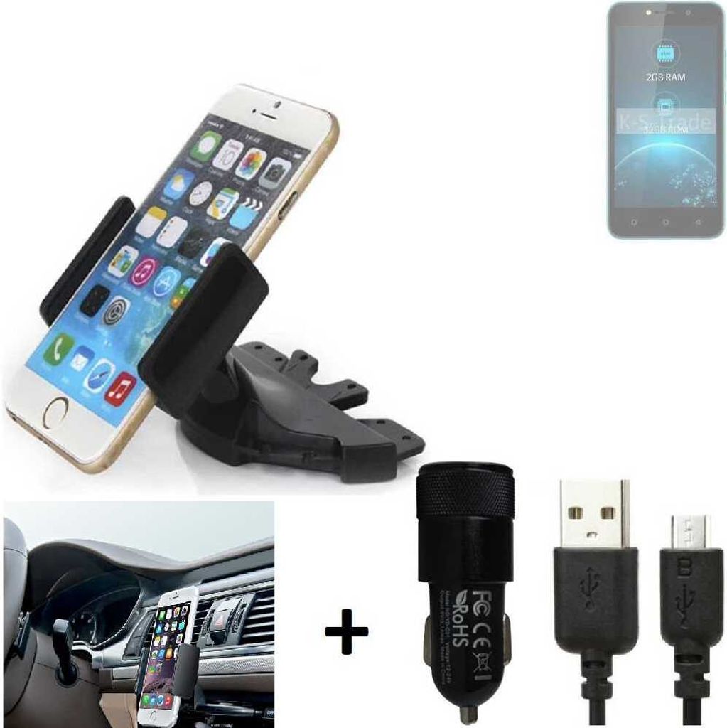 TOP SET K-S-Trade Autohalterung kompatibel mit Lava Z21 CD Schlitz Halterung KFZ-Halter Radio Handy Halterung 360° drehbar DVD-Schacht inkl. Micro