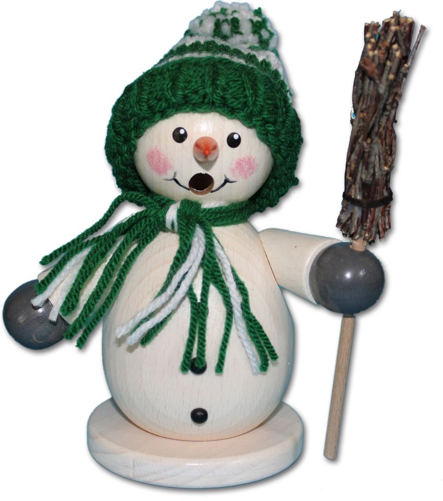 Holzwaren Egermann Räucherfigur aus Holz - Schneemann mit Besen - in Grün - ca. 15cm - 963