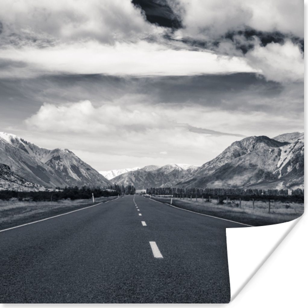 MuchoWow Poster Schwarz und weiß - Berg - Straße 100x100 cm - Babyzimmer
