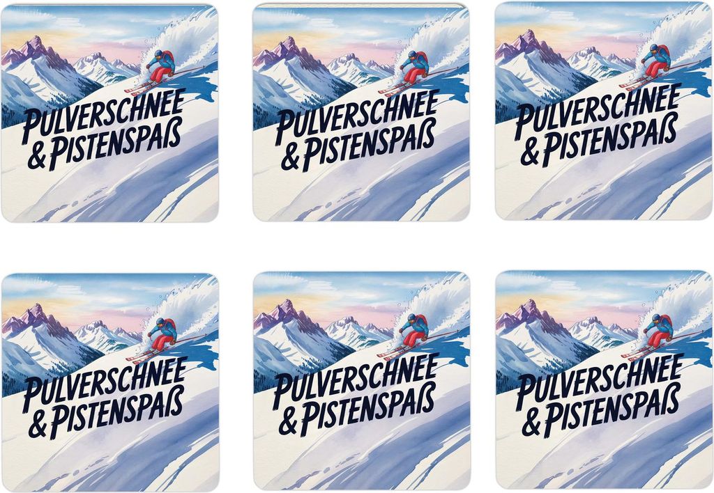 Oberbayern Skifahrer 6er Set Untersetzer aus Holz - Pulverschnee & Pistenspaß