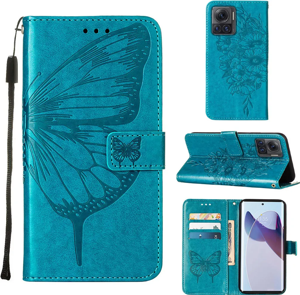 Case Motorola Moto X30 Pro Blu: Chic Butterfly Relief Flip Leather