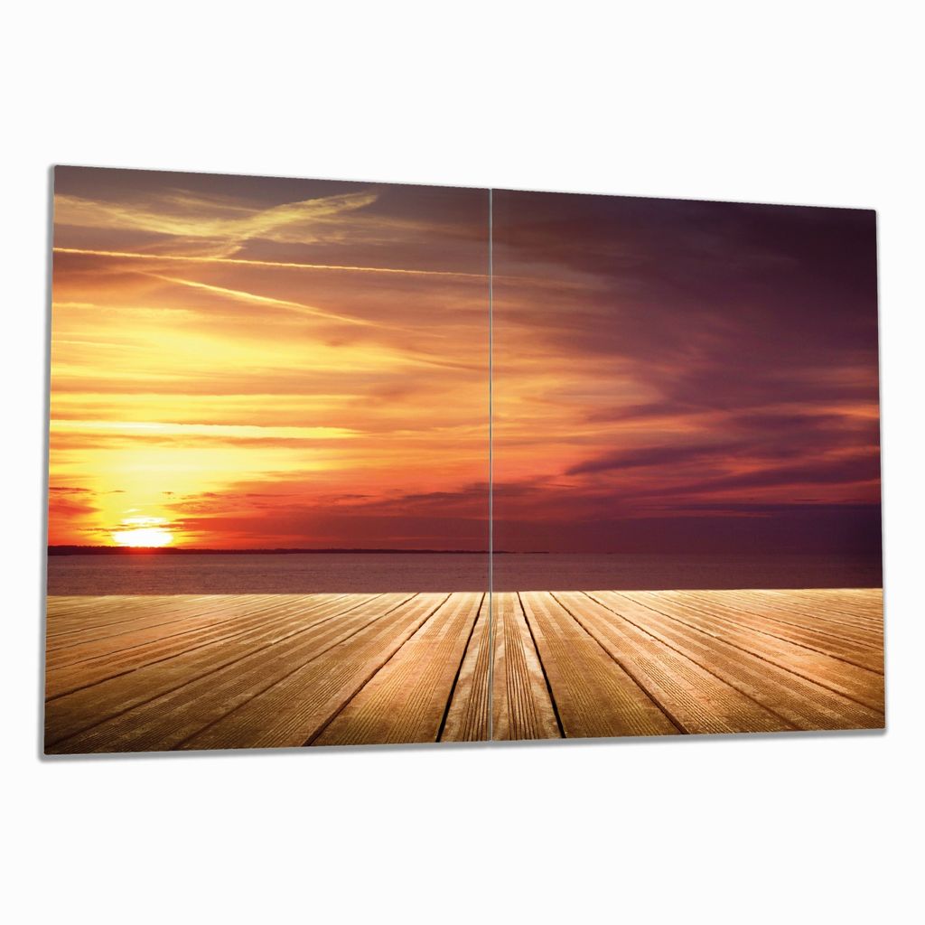 Wallario Herdabdeckplatte aus Glas, Größe 80 x 52 cm 2-teilig, Motiv Steg am See - Sonnenuntergang und roter Himmel