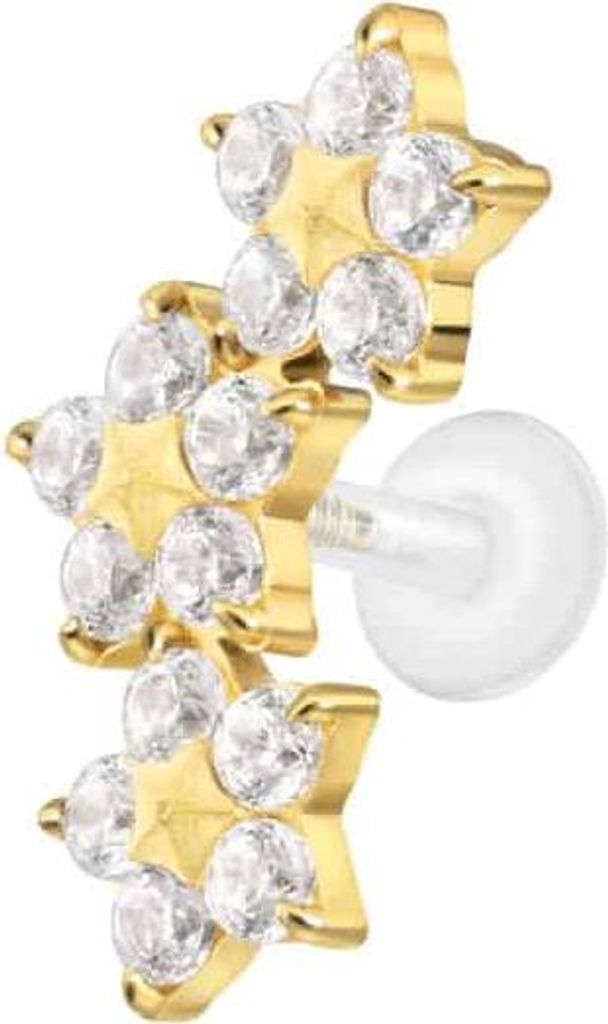 Ohrpiercing, Nasenpiercing PTFE Labret mit Innengewinde + Titan-Aufsatz 3 KRISTALLBLUMEN Gold Stablänge: 5mm | Stabstärke: 1,2mm