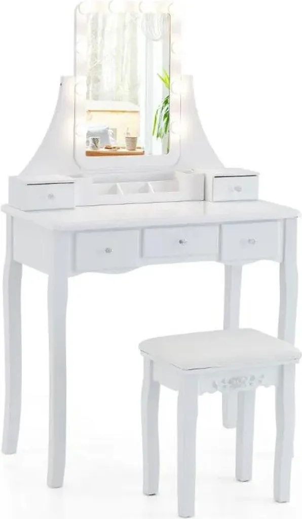 Coiffeuse avec éclairage LED et 5 tiroirs HU10542DE-WH Blanc avec tabouret