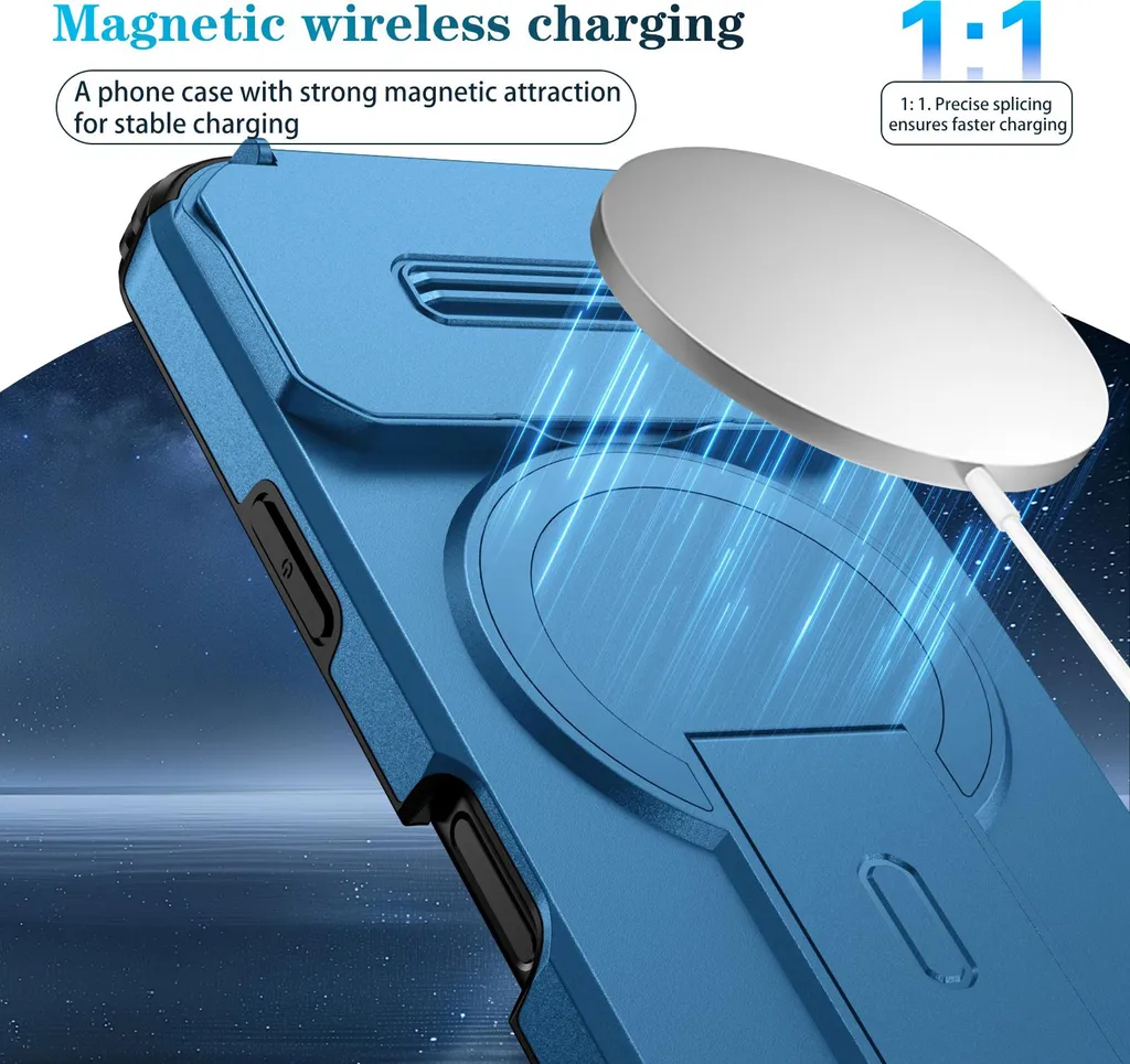 Custodia IPhone 17 Con Cavalletto Magnetico 360° – Protezione Militare, Copri Fotocamera Antigraffio, Antishock, Blu