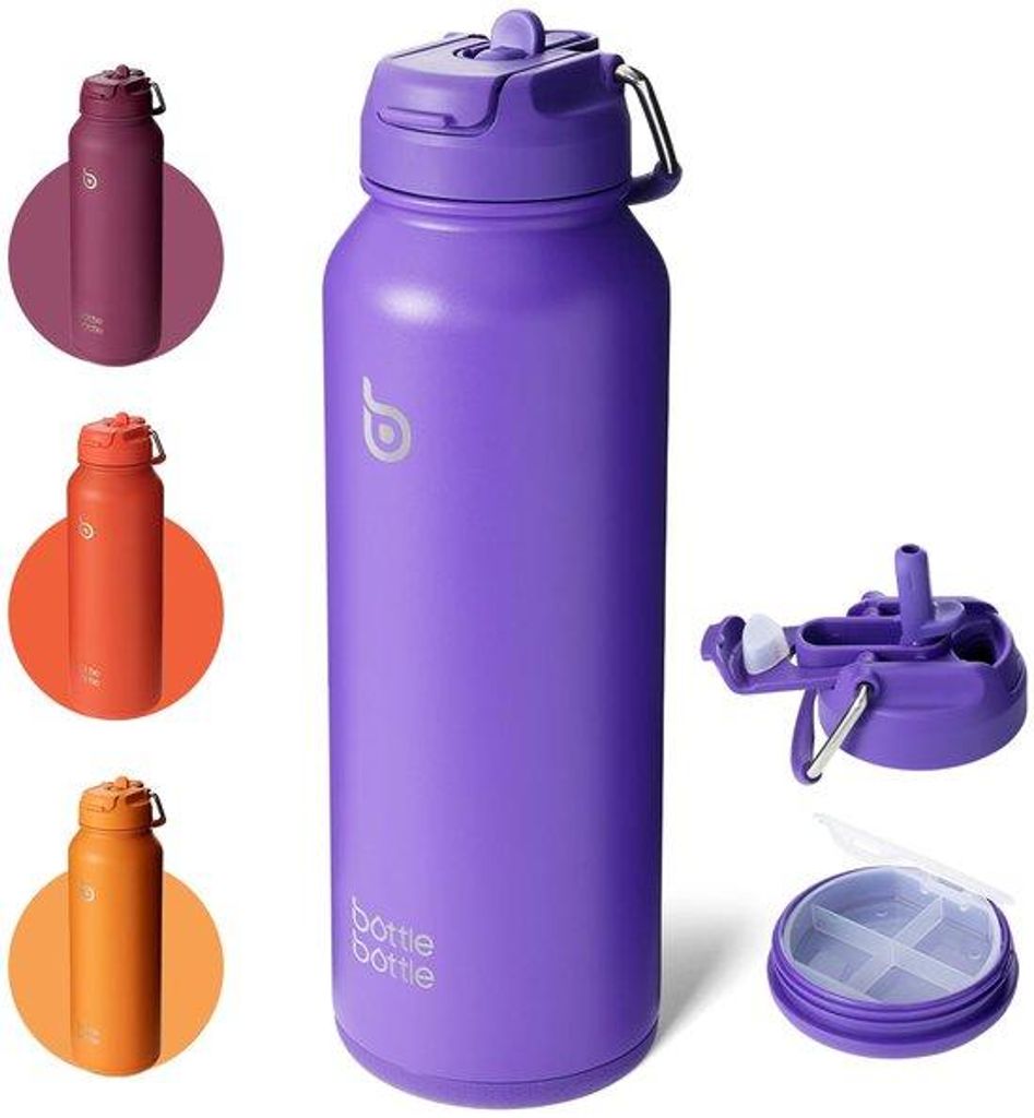 Isolierter Sportwasserflasche, rostfreier Stahl, mit Grasstab und Pillenhalter, 1 Liter, dunkelviolett.