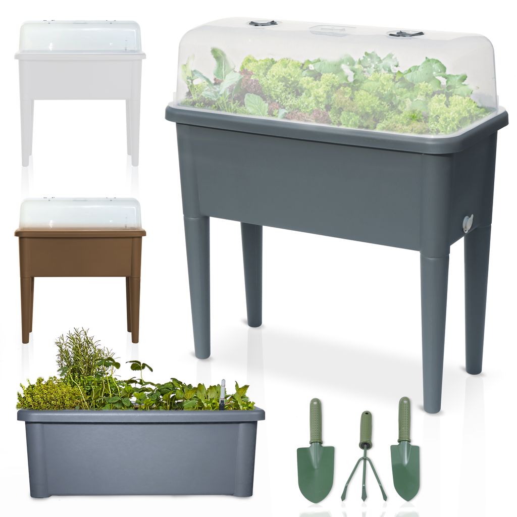 ONBEST Hochbeet Kunststoff | Grau | mit Deckel | inklusive Gartenwerkzeug | 76x66,5x37cm (BxHxT)